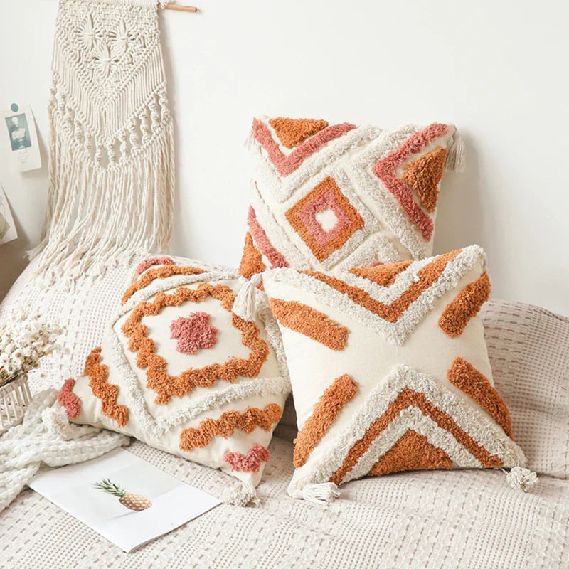 Axyaa Tufted Tassel Boho Cushion Cover in Warm Colors