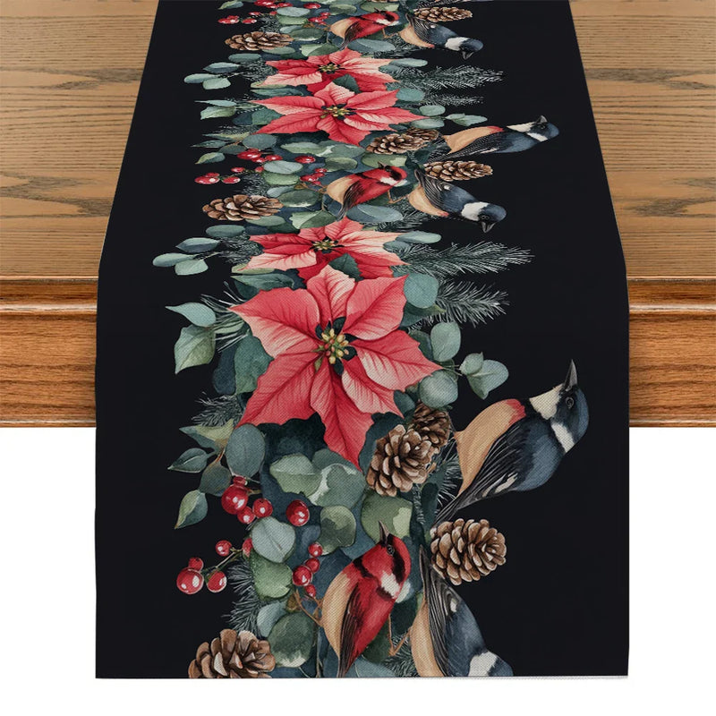 Axyaa Festive Table Runner - Christmas Bird Poinsettia Holly Fir Pine Cone