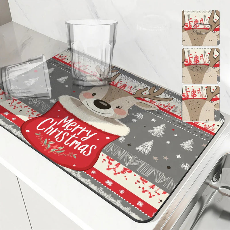 Christmas Deer Socks Berries Non-Slip Drying Mat by Axyaa Kitchen Counter Placemat