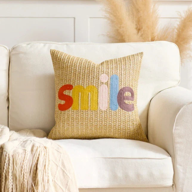 Embroidered Happy Home Pillow Cover by Axyaa for Living Room & Bedroom