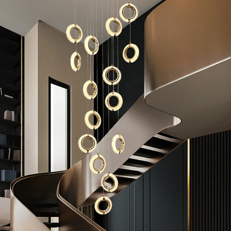 Axyaa Modern Duplex Staircase Chandelier - Nordic Ring Design for Living Room, Dining, and Kitchen