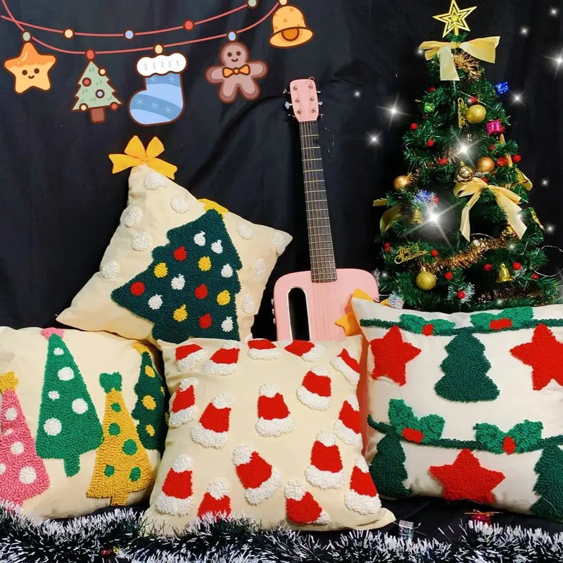 Axyaa Christmas Tree Circle Velvet Embroidery Linen Pillow Cover