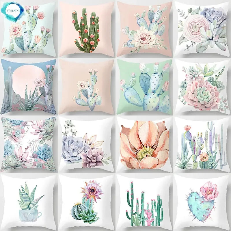 Tropical Cactus Succulent Plant Print Pillow Cover for Home Decor by Axyaa