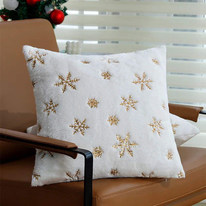 White Gold Snowflake Cushion Cover 45x45cm - Axyaa Home Decor - Christmas Theme