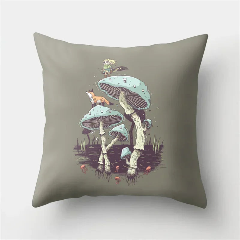 Fox and Bird Polyester Pillowcase by Axyaa: Cartoon Landscape Cushion Cover for Sofa