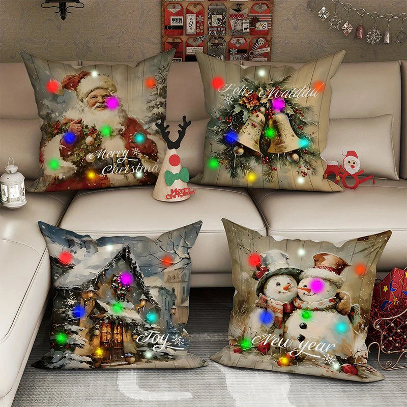 Axyaa LED Luminous Christmas Pillowcase with Retro Santa Claus Design