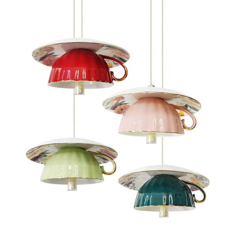 Colorful Tea Cup Pendant Lamps LED Ceramic Hanging Lamp - Axyaa