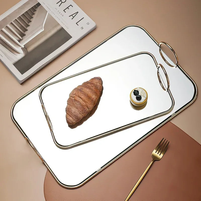 Axya Golden Handle Metal Mirror Storage Tray for Jewelry, Cosmetics, Home & Kitchen