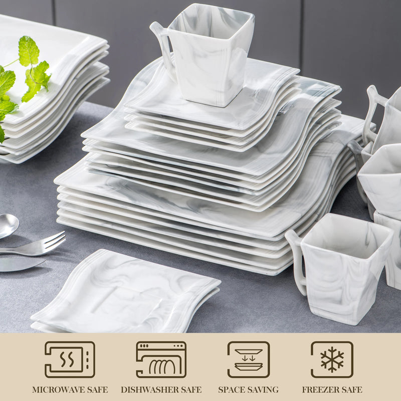 Axya™ 56-Piece Marble Grey Porcelain Dinner Set with Plates, Cups, Bowls