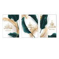 Axyaa Allahu Akbar Islamic Calligraphy Green Gold Feather Canvas Wall Art Muslim Decor