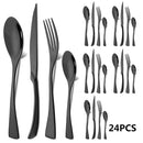 Axyaa 24Pcs Black Stainless Steel Flatware Set Steak Knife Fork Spoon Teaspoon Cutlery