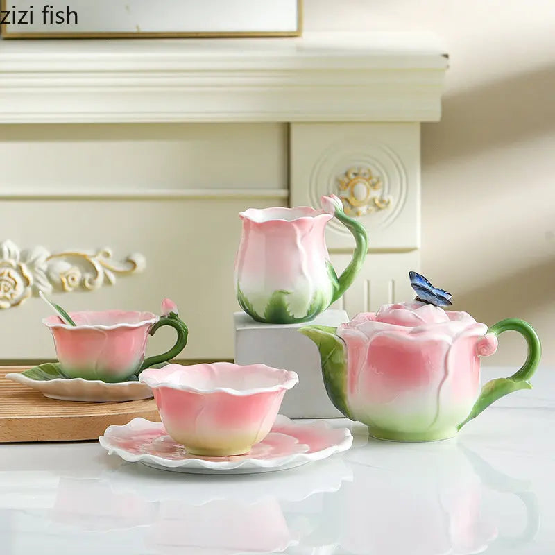 Axya Rose Ceramic Tea Set with Petaled Teapot and Butterfly Bud Cup