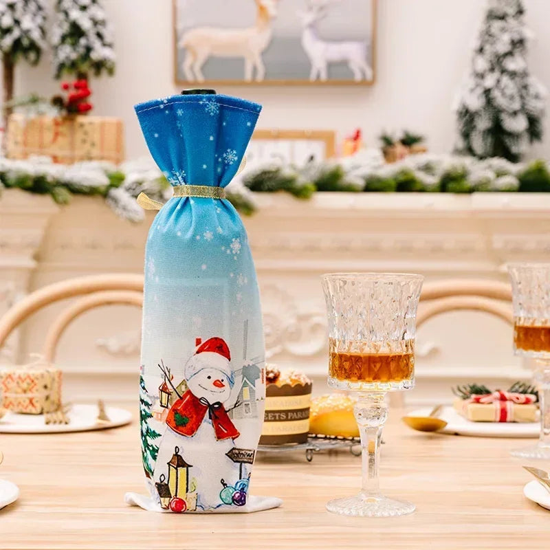 Axyaa Christmas Wine Bottle Cover - Santa Claus Snowman Elk Print - Xmas Table Decor