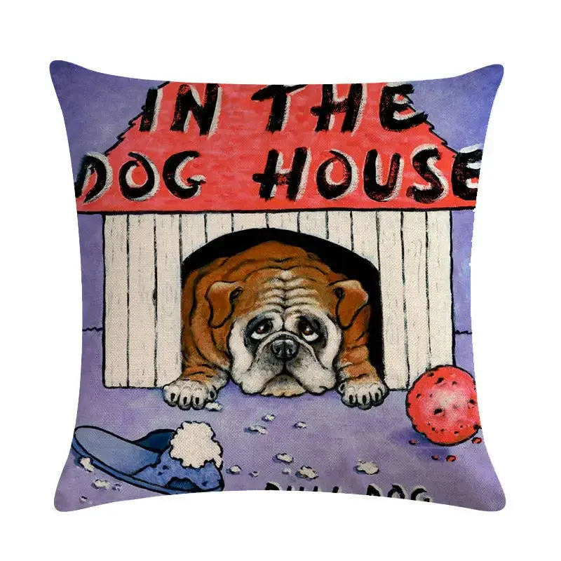 Axyaa Cartoon Dog Linen Cushion Cover for Office Furniture and Sofa Decor