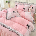 Axyaa Princess Bow Seersucker Bedding Set: Ruffle Lace Bed Skirt, Solid Duvet Cover Queen King