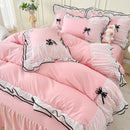 Axyaa Princess Bow Seersucker Bedding Set: Ruffle Lace Bed Skirt, Solid Duvet Cover Queen King