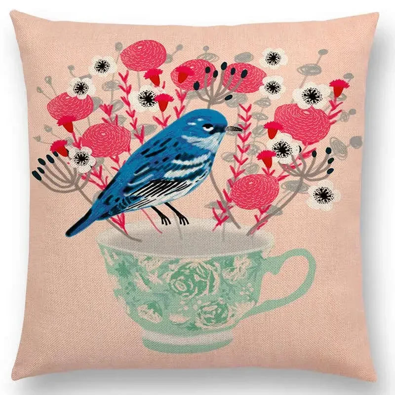 Axyaa Bird-Floral Teacup & Lepidoptera Cushion Cover for Decor & Sofa