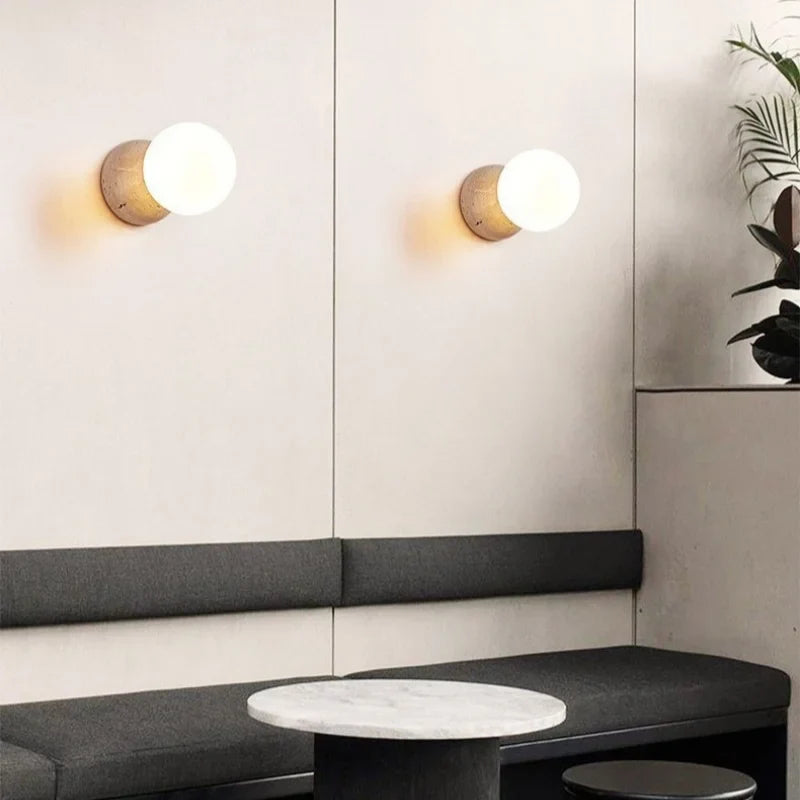 Axyaa Wabi Sabi LED Wall Light Yellow Travertine Stone Glass Ball Bedside Lamp