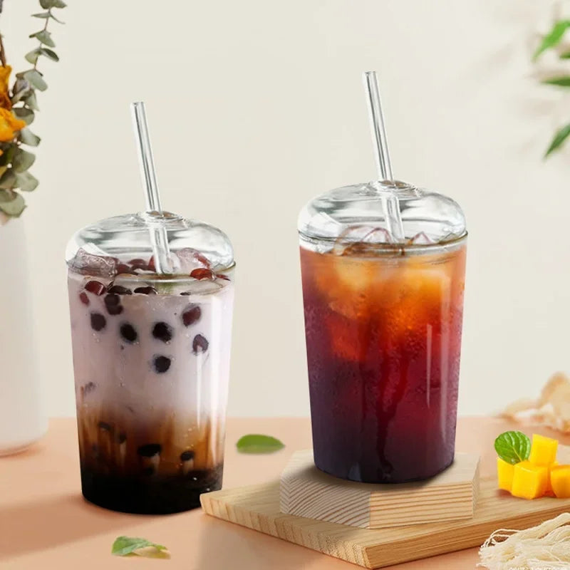 Axyaa Can Glass Set with Dome Lids, Glass Straw, 450ML Capacity