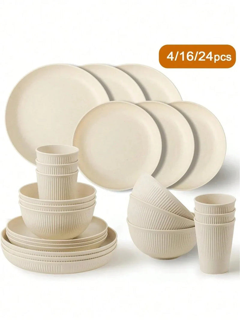 Axyaa 24-Piece Dinnerware Set, Reusable Cup, Plate and Bowl for Camping, Picnic - Beige