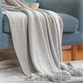 Axyaa Cream White Knit Throw Blanket with Tassels