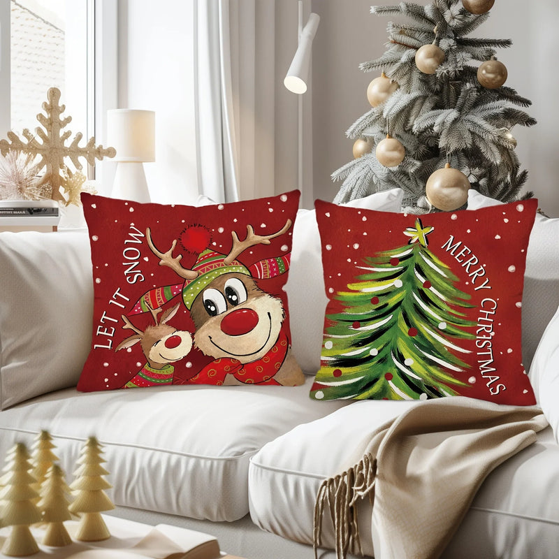Fawn Christmas Tree Red Pillow Cover 45x45cm Axyaa Branded Home Decoration