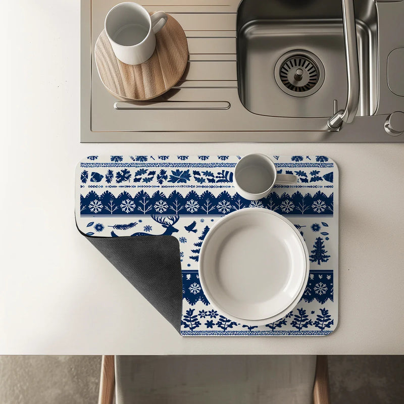 Christmas Deer Silhouette Non-Slip Drying Mat for Kitchen Counters and Tables by Axyaa