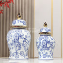 Axyaa Blue White Porcelain Jar Gold Edged Ceramic Vase Dried Flower Arrangement
