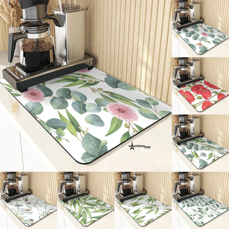 Axyaa Leaf Print Coasters & Drying Mat Set for Kitchen Essentials