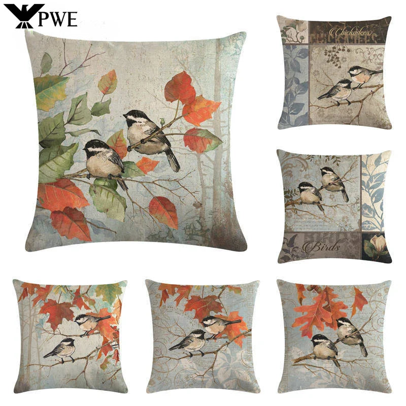 Axyaa Retro Bird Branch Linen Pillow Cover for Home Decor and Comfort