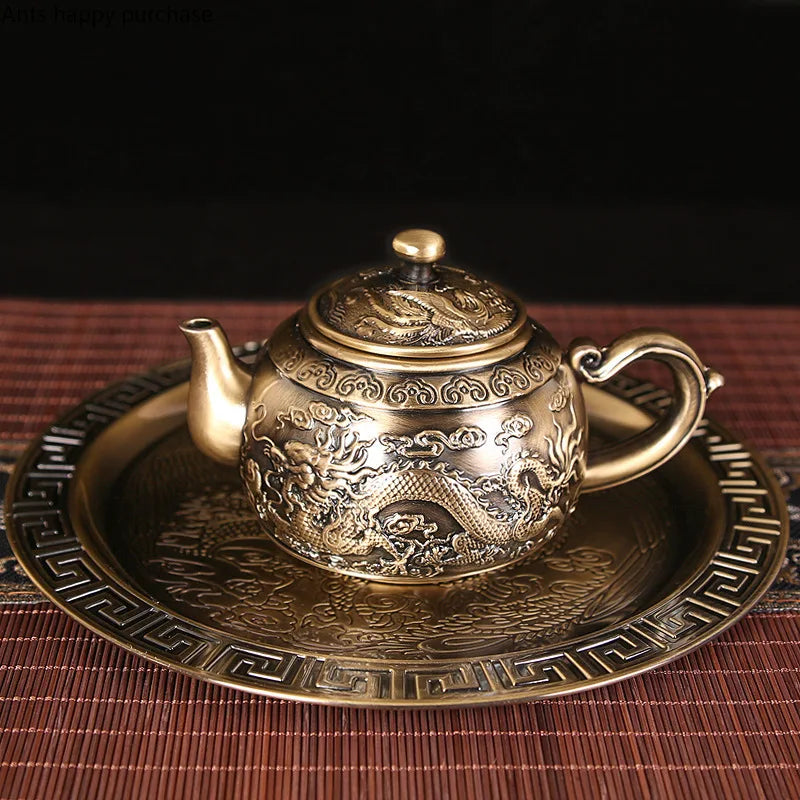 Axya Dragon Phoenix Metal Tea Set Tray 6 Teacup Teapot Teaware Utensils