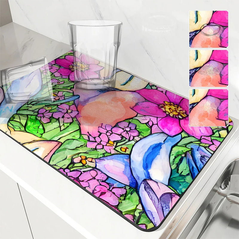 Axyaa Watercolor Plants Coffee Cup Drying Mat, Non-Slip Absorbent Kitchen Drain Mat