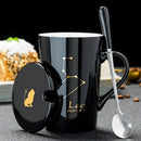 Axyaa Constellations Ceramic Mug Set with Spoon & Lid, 420ml Black Coffee Cup