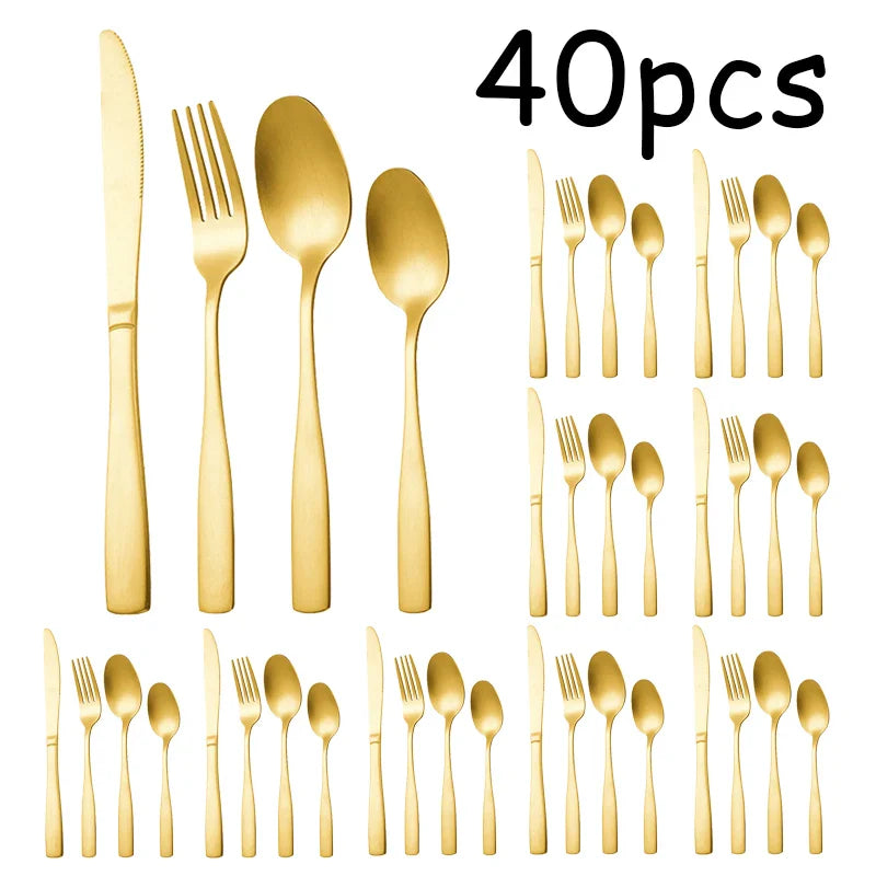 Axyaa Gold Square Handle Cutlery Set - 40pcs Stainless Steel