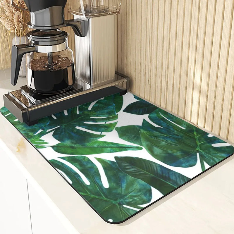 Axyaa Leaves Print Silicone Placemats - Absorbent Kitchen Dish Mat