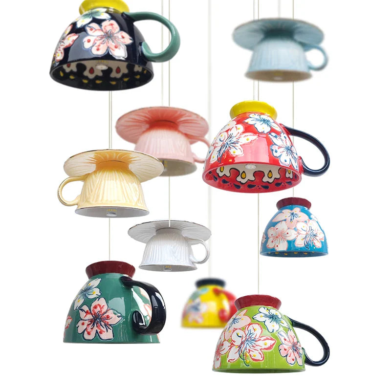 Colorful Tea Cup Pendant Lamps LED Ceramic Hanging Lamp - Axyaa