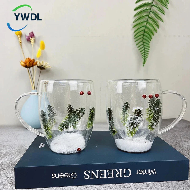 Axya Christmas Tree & Snow Clear Glass Cup Set - 350ml Double Wall Heat-resistant Mug