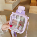 Axyaa Kawaii Flat Water Bottle with Straw Strap - 700ml Portable BPA-Free Drink Bottle
