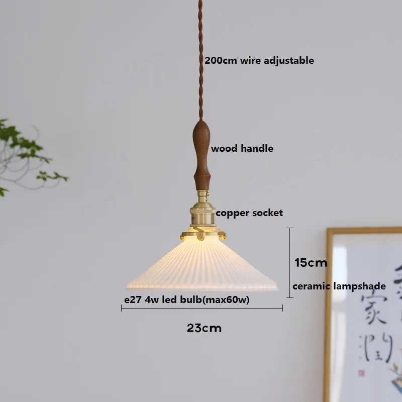Axyaa White Ceramic LED Pendant Light with Wood Handle - Bedroom Living Room Lamp