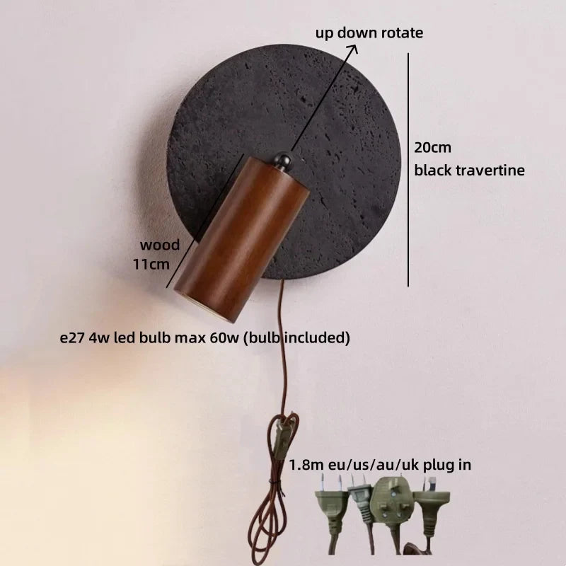 Axyaa Black Travertine Stone LED Wall Light for Chic Indoor Decor