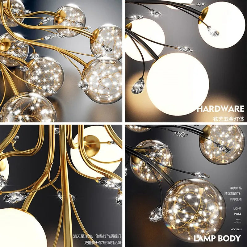 Axyaa Black Gold Glass Bubble Ball LED Ceiling Light with Crystal - Bedroom Living Room Aesthetic