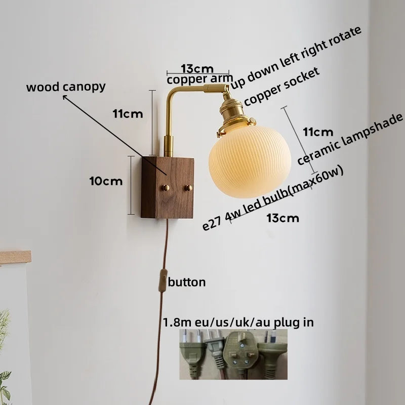 Axyaa Ceramic Copper LED Wall Lamps with Pull Chain Switch for Home Decor