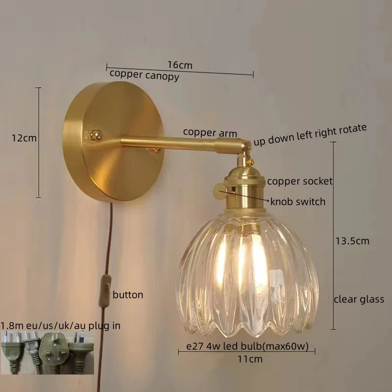 Axyaa Copper Glass Knob Switch LED Wall Light Fixture for Bedroom, Nordic Modern Arandela
