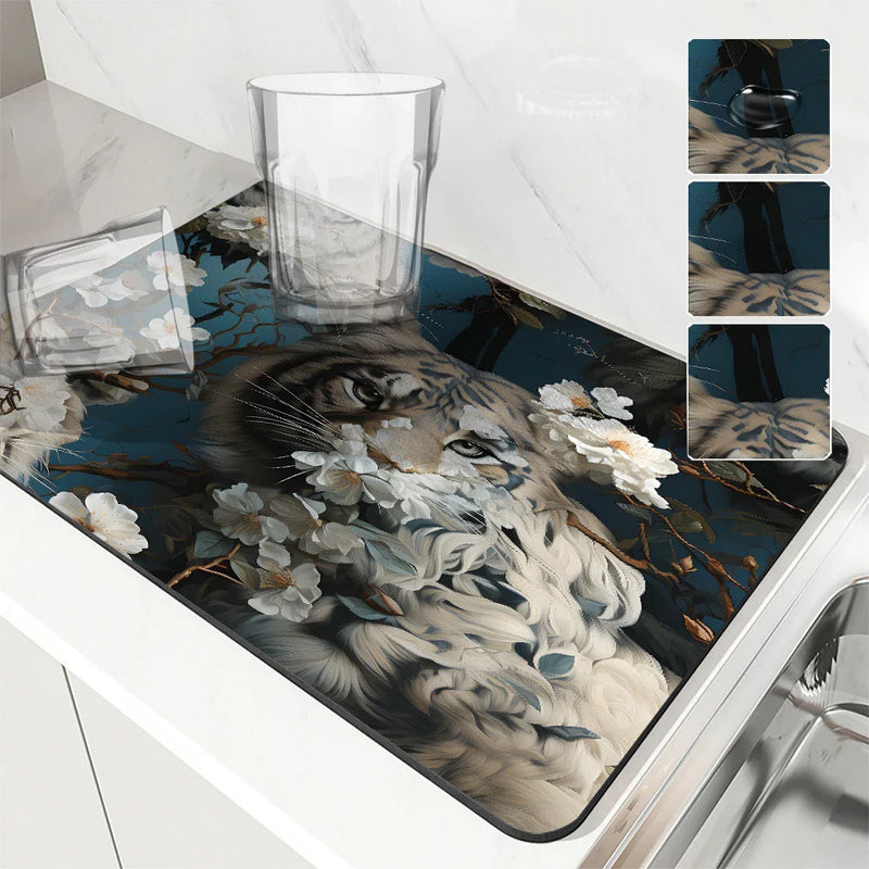 Axyaa Tiger Plant Flowers Drying Mat: Non-Slip Absorbent Tableware Mat