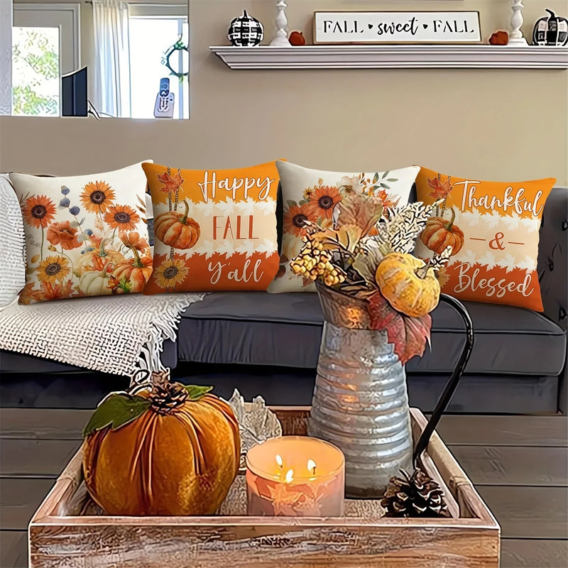 Autumn Velvet Pillow Covers, Maple Leaf & Floral Pumpkin Designs for Fall Decor - Axyaa
