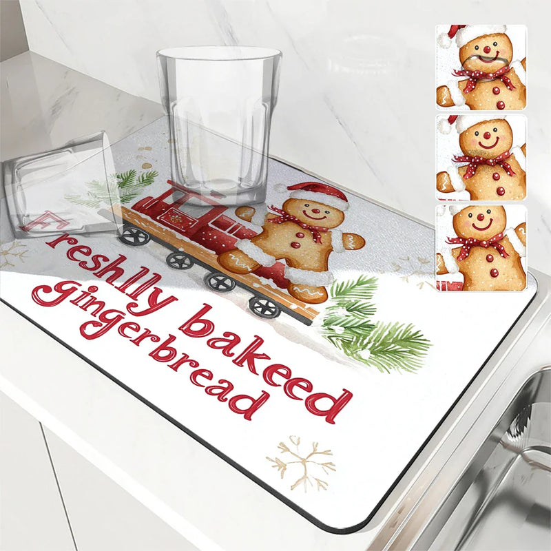 Christmas Gingerbread Snowflake Drying Mat by Axyaa: Non-Slip Absorbent Kitchen Placemat
