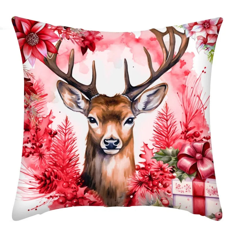 Axyaa Christmas Home Decoration Pillow Cover Santa Claus Snowman Fawn Print