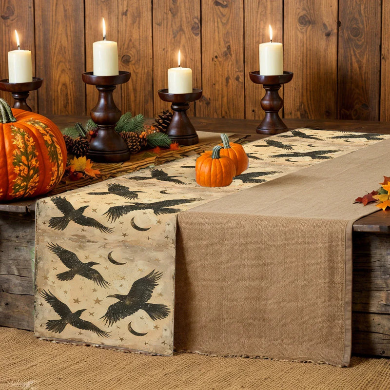 Black Crow Watercolor Silhouette Table Runner for Dining & Party Decor by Axyaa