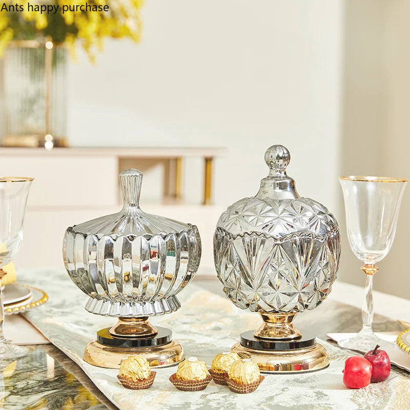 Axya Crystal Candy Jar with Gold Base Lid, Transparent Decorative Storage Jar
