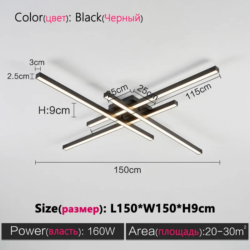 Axyaa Black Chandelier Square LED Ceiling Lamp - Nordic Minimalist Creative Strip Lights